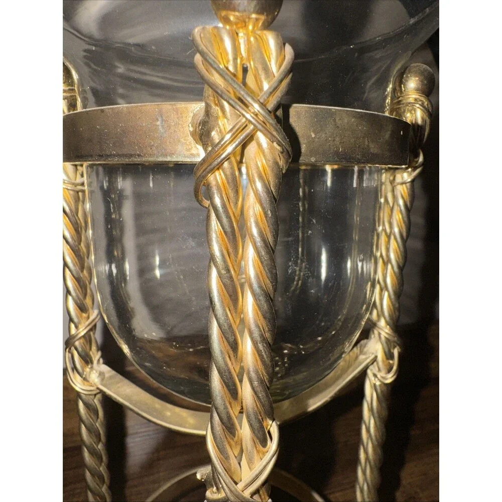Vtg Brass Candle Stand Holder Twisted Rope Design with Glass Bowl 11